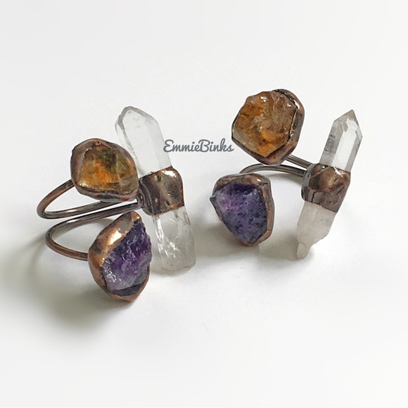 New Triple Crystal Gemstone Ring ~ Natural Amethyst Citrine Clear Quartz Copper - Picture 5 of 16